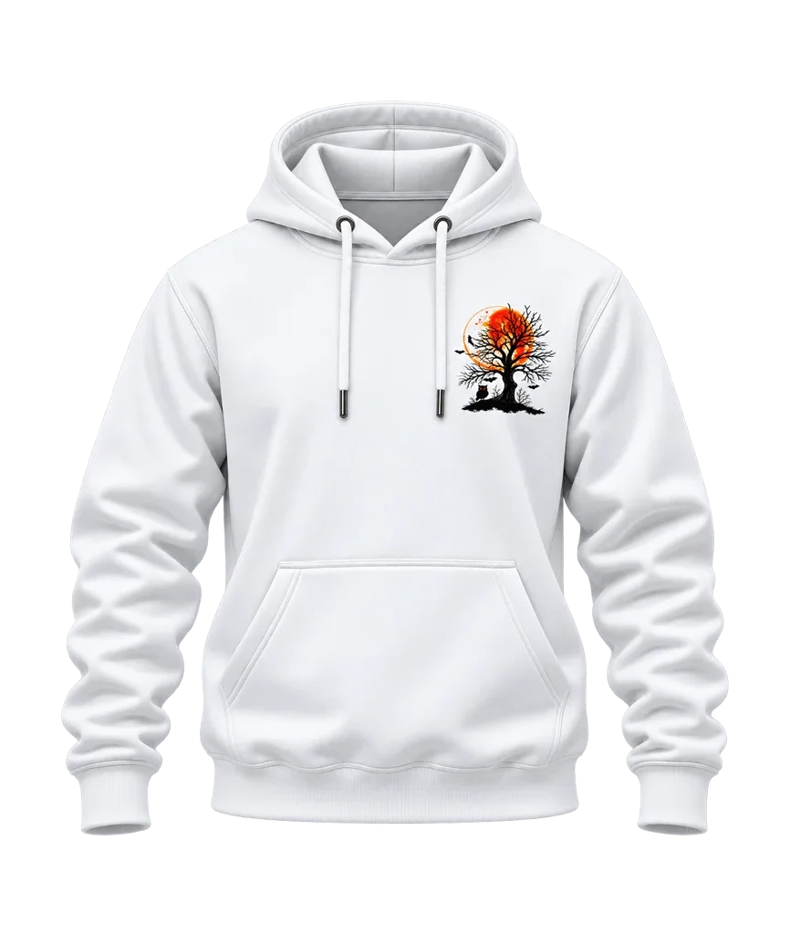 Halloween Orange Full Moon Tree and Owl Dual-Print White Hoodie