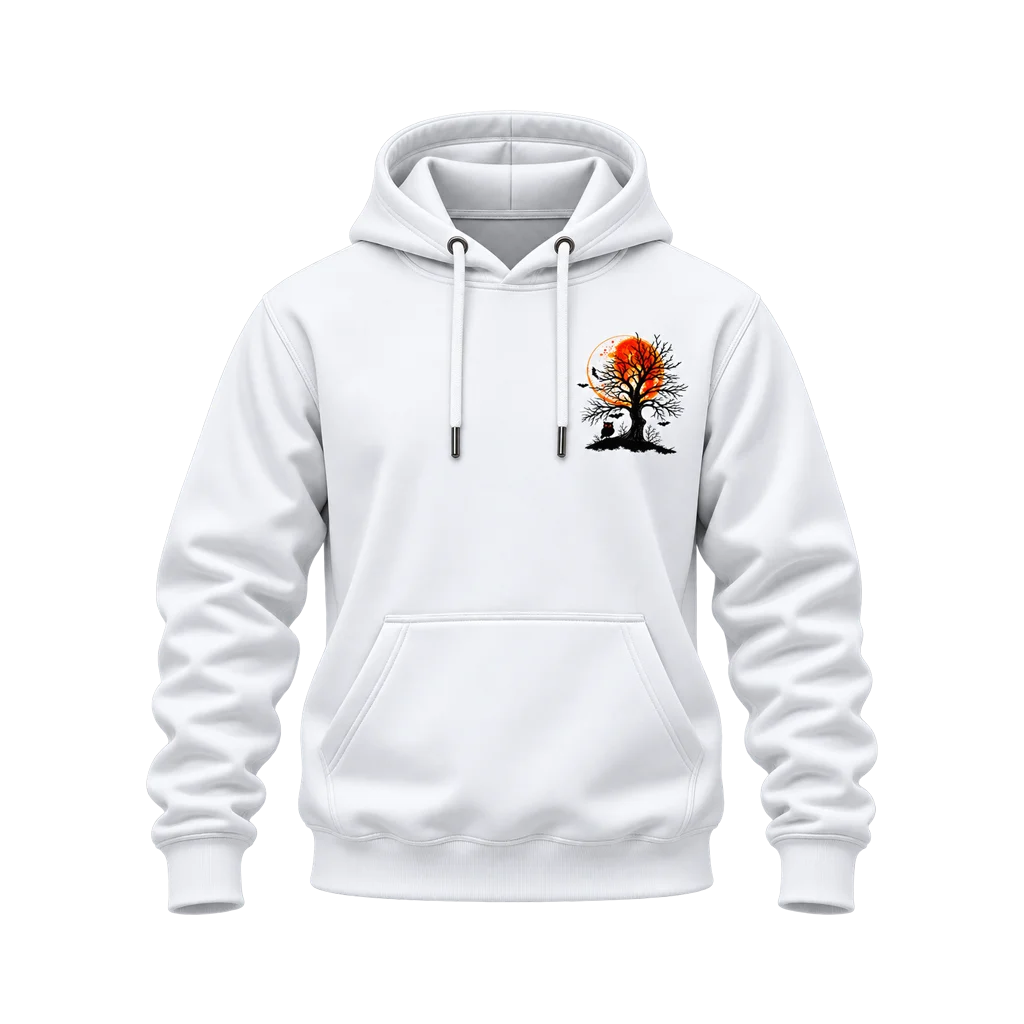 Halloween Orange Full Moon Tree and Owl Dual-Print White Hoodie