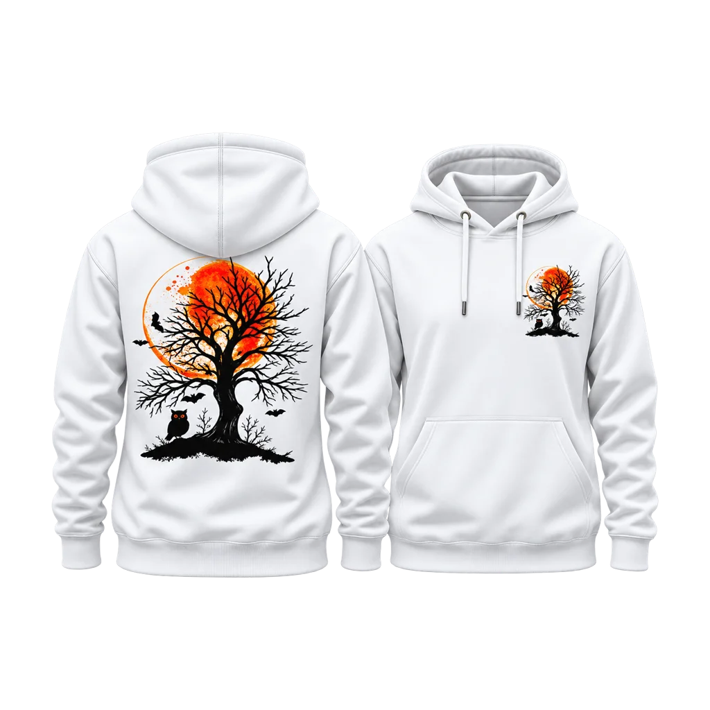 Halloween Orange Full Moon Tree and Owl Dual-Print White Hoodie