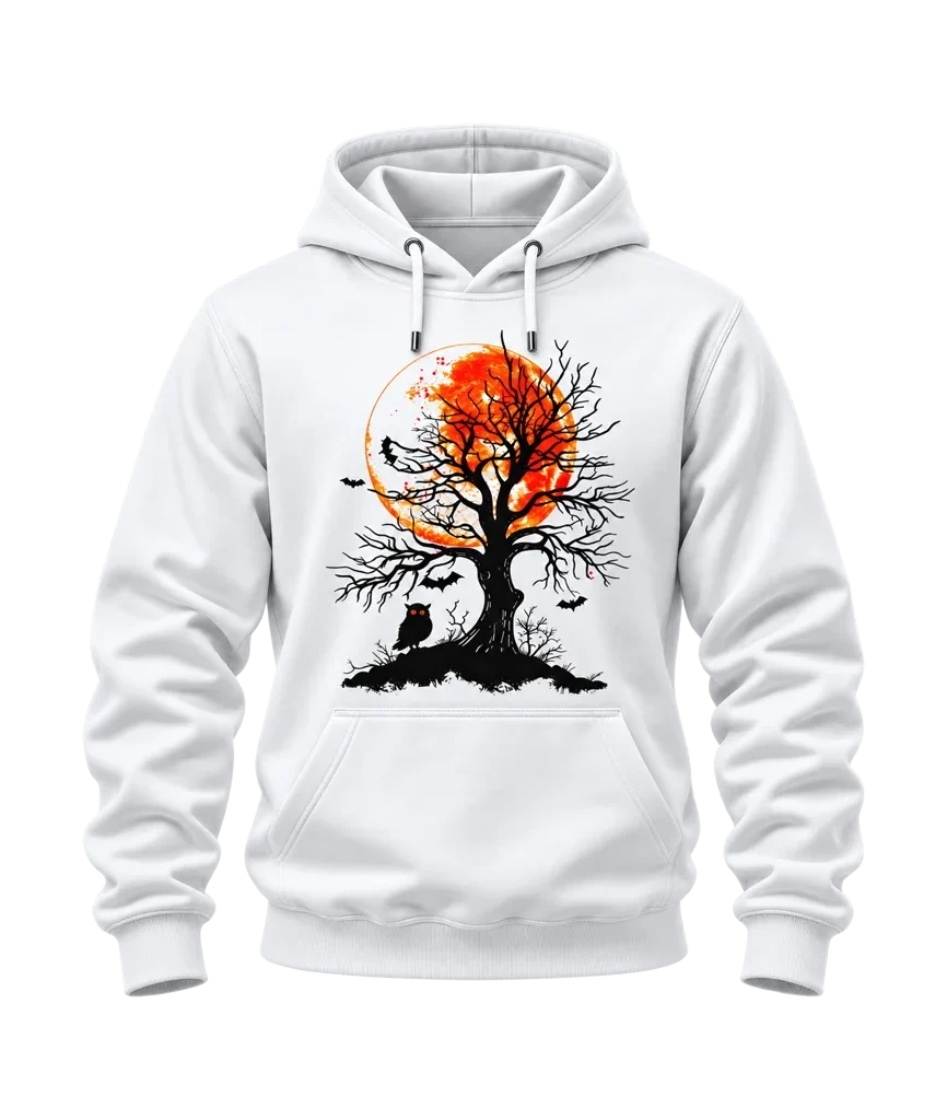 Halloween Orange Full Moon Tree and Owl White Hoodie