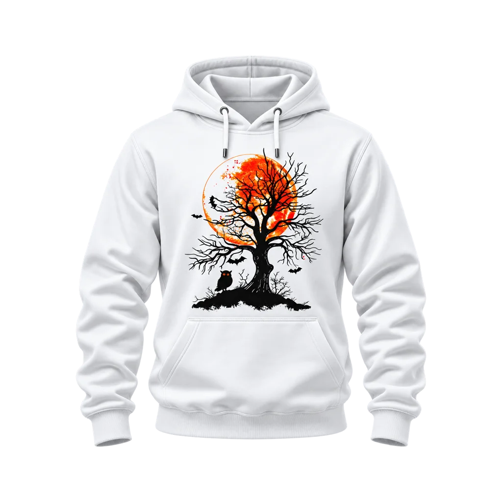 Halloween Orange Full Moon Tree and Owl White Hoodie