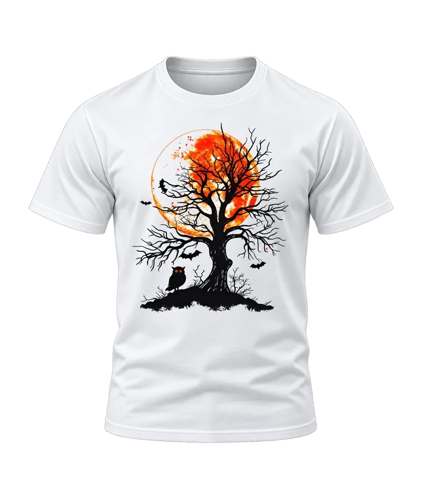 Halloween Orange Full Moon Tree and Owl White T-Shirt