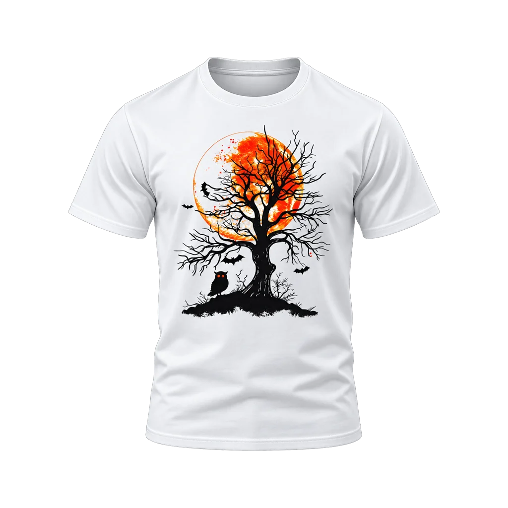 Halloween Orange Full Moon Tree and Owl White T-Shirt