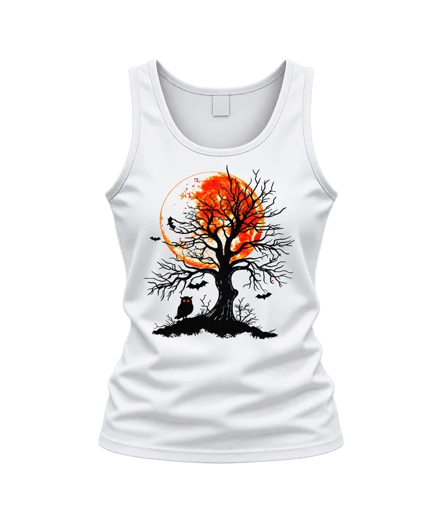 Halloween Orange Full Moon Tree and Owl White Tank Top