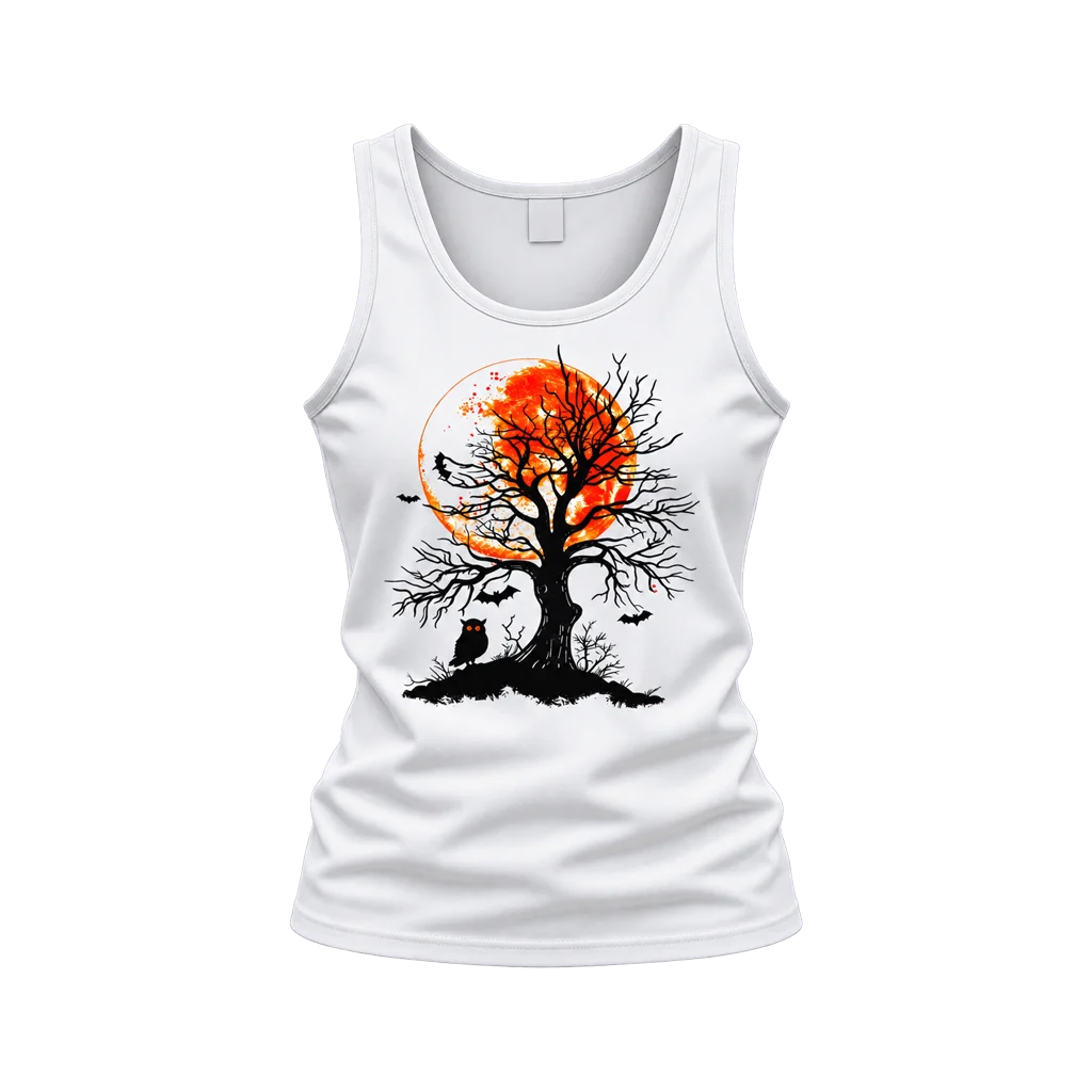 Halloween Orange Full Moon Tree and Owl White Tank Top