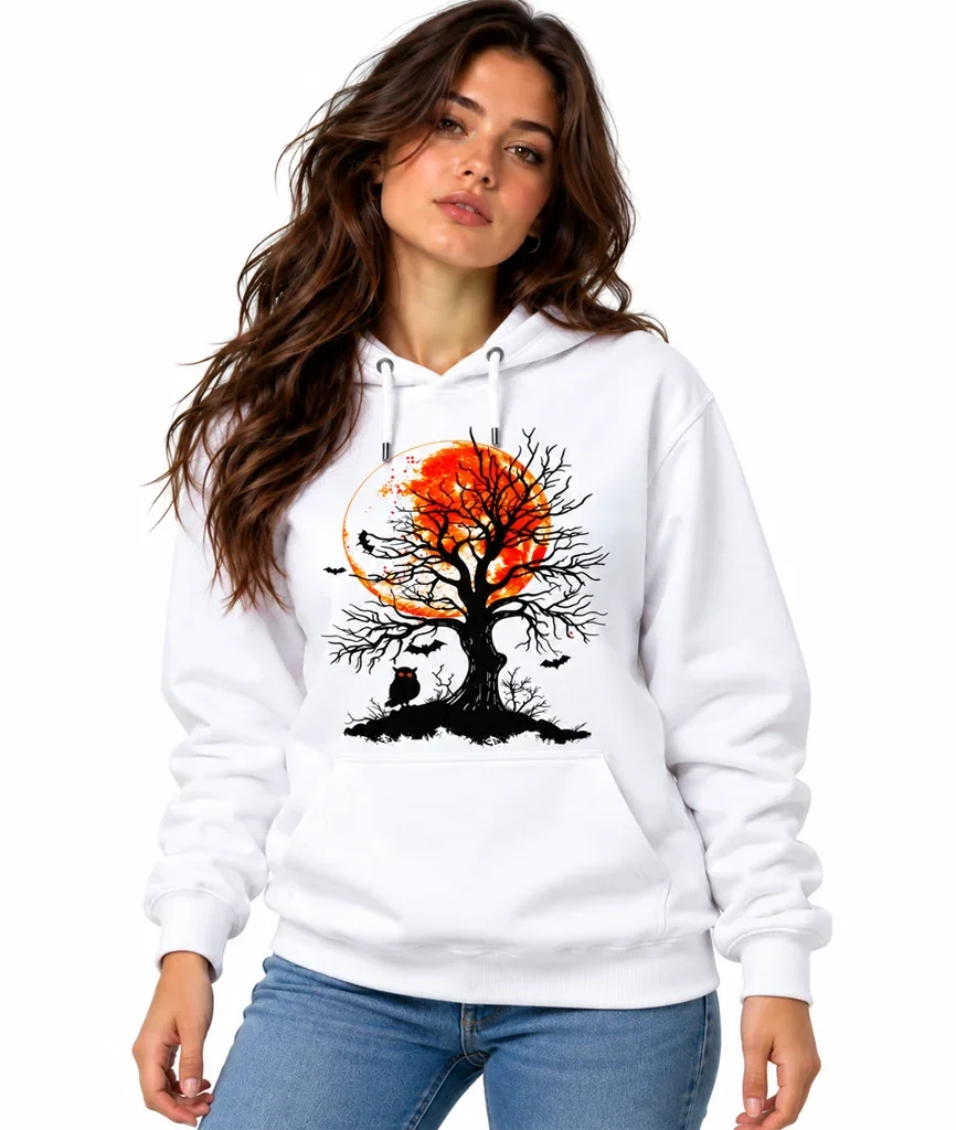 Halloween Orange Full Moon Tree and Owl White Hoodie