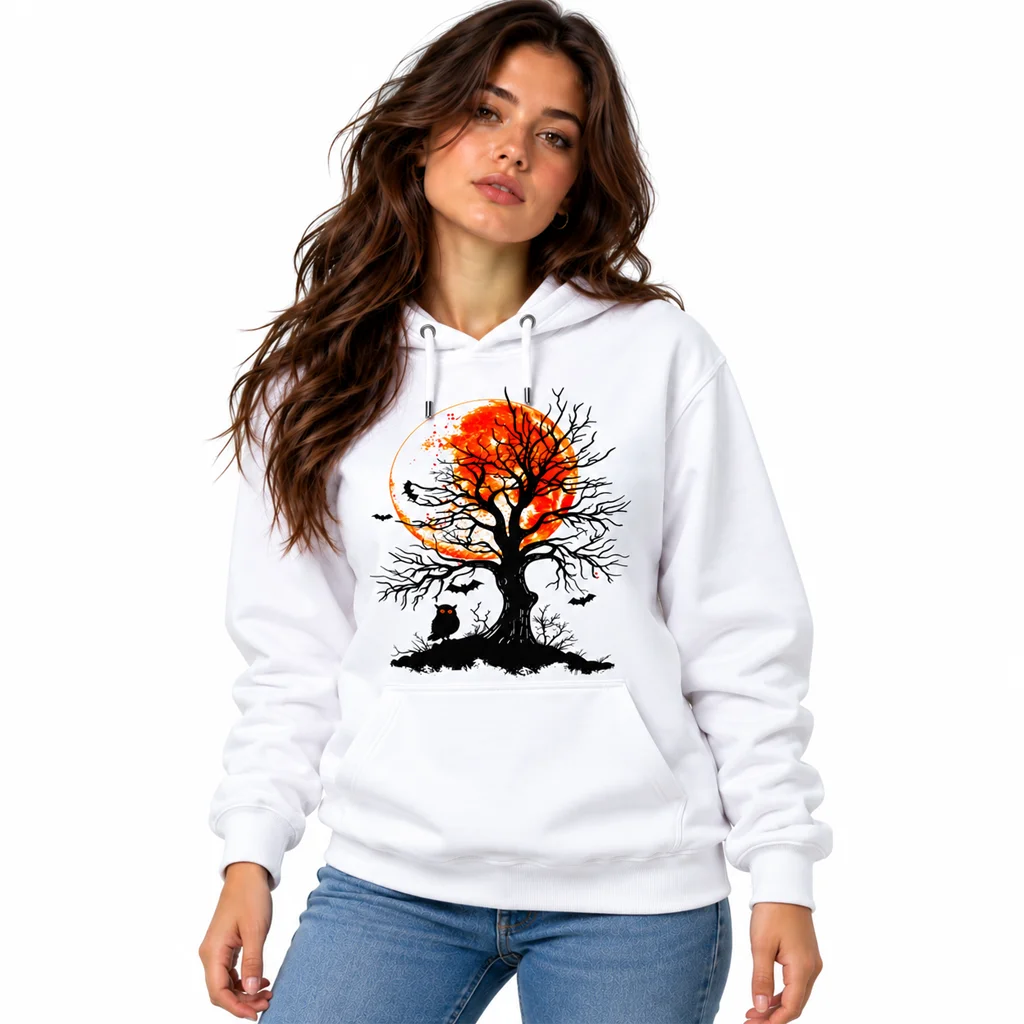 Halloween Orange Full Moon Tree and Owl White Hoodie