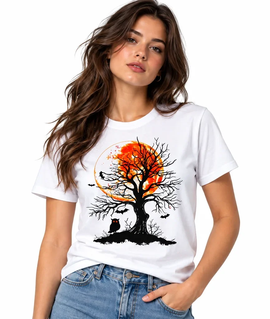 Halloween Orange Full Moon Tree and Owl White T-Shirt