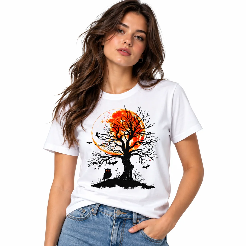 Halloween Orange Full Moon Tree and Owl White T-Shirt