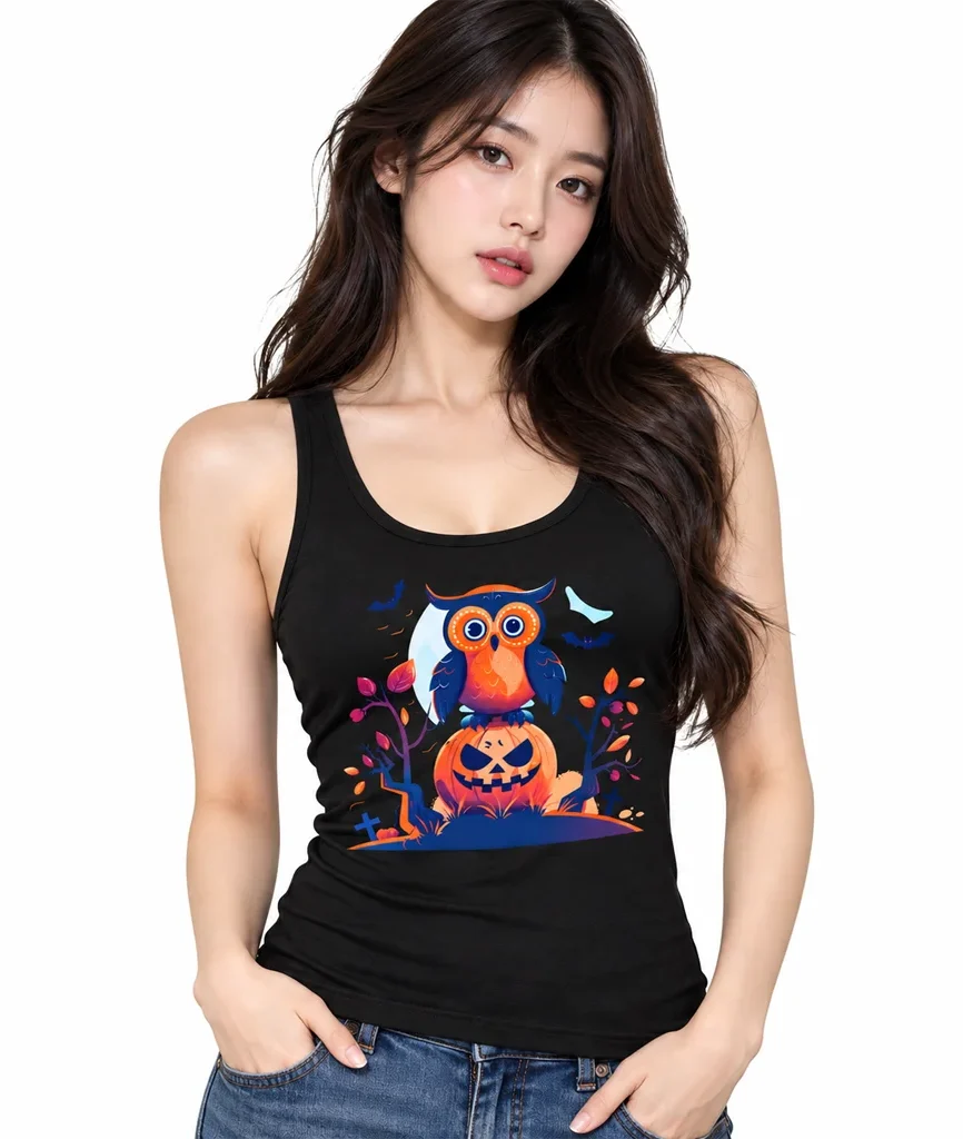 Halloween Owl Graphic Black Tank Top