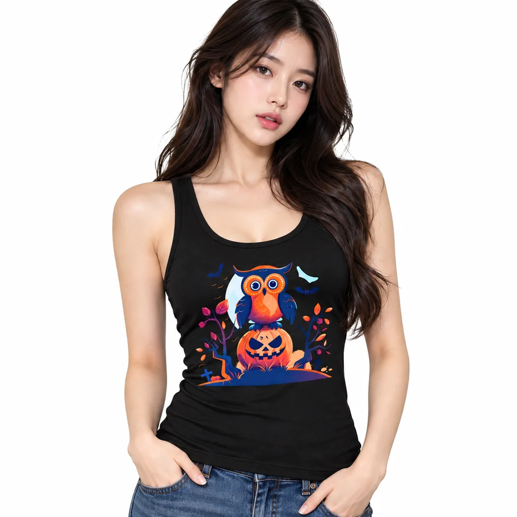 Halloween Owl Graphic Black Tank Top