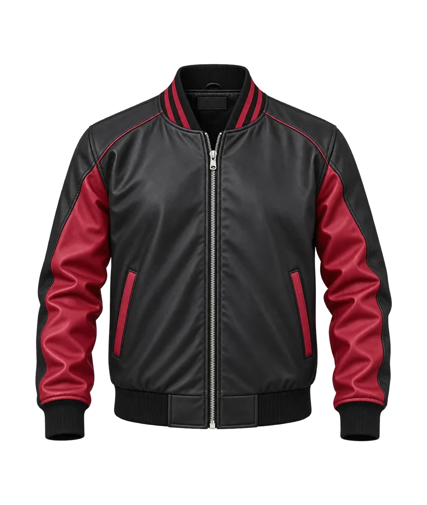 Men’s Black & Red Leather Varsity Bomber Jacket
