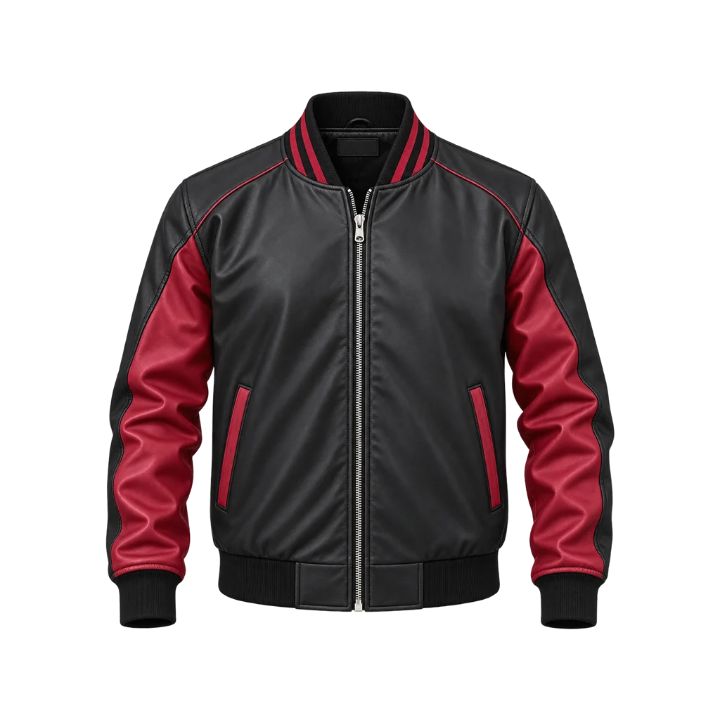 Men’s Black & Red Leather Varsity Bomber Jacket