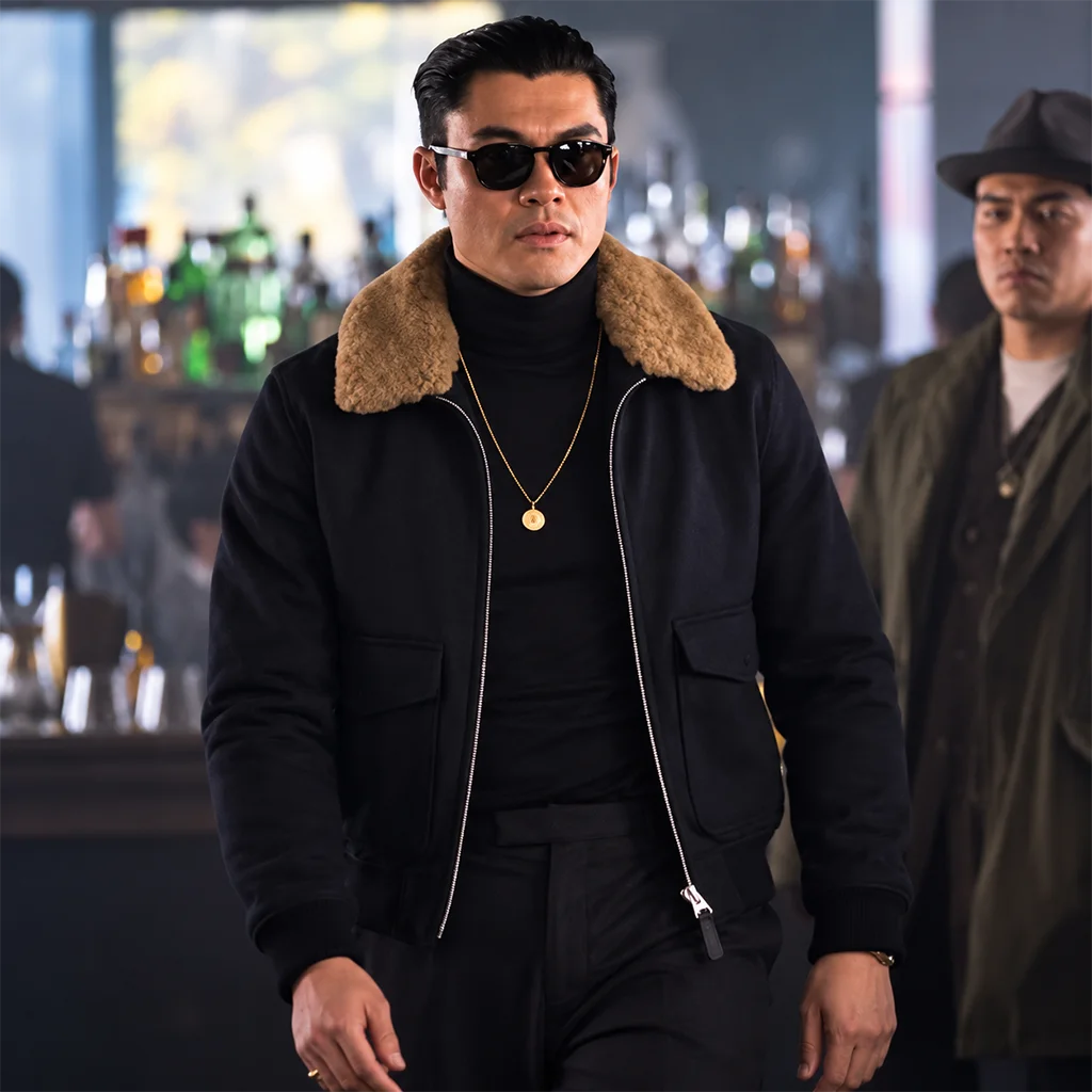 Henry Golding Black Shearling Jacket