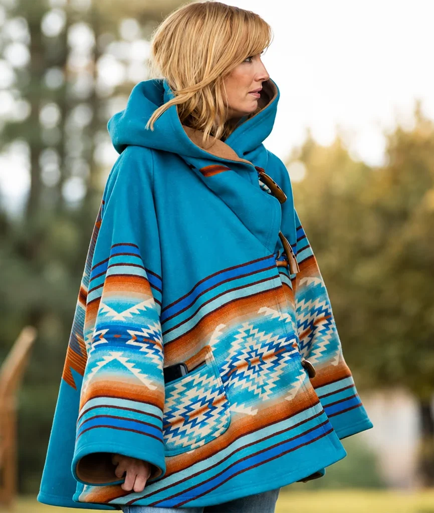 Kelly Reilly Yellowstone Beth Dutton Blue Hooded Poncho Coat