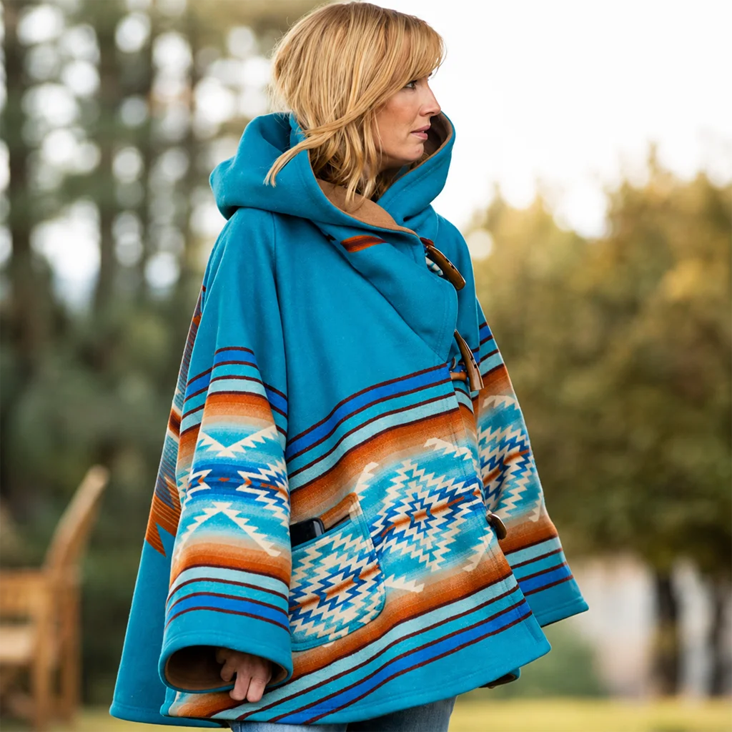 Kelly Reilly Yellowstone Beth Dutton Blue Hooded Poncho Coat