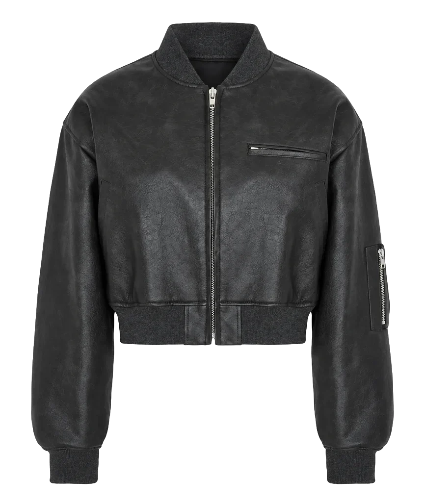 Women’s Textured Black Leather Cropped Bomber Jacket