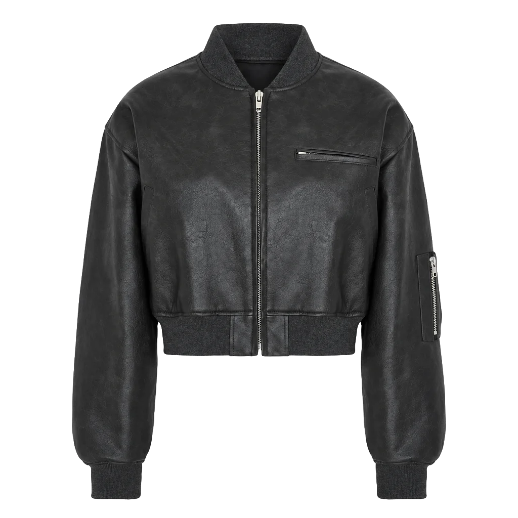Women’s Textured Black Leather Cropped Bomber Jacket