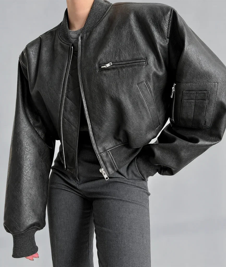Women’s Textured Black Leather Cropped Bomber Jacket
