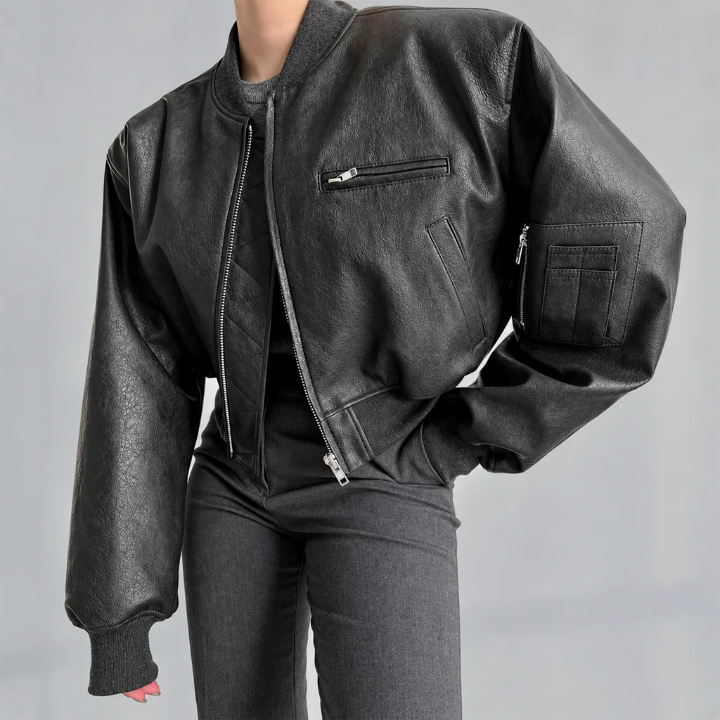 Women’s Textured Black Leather Cropped Bomber Jacket