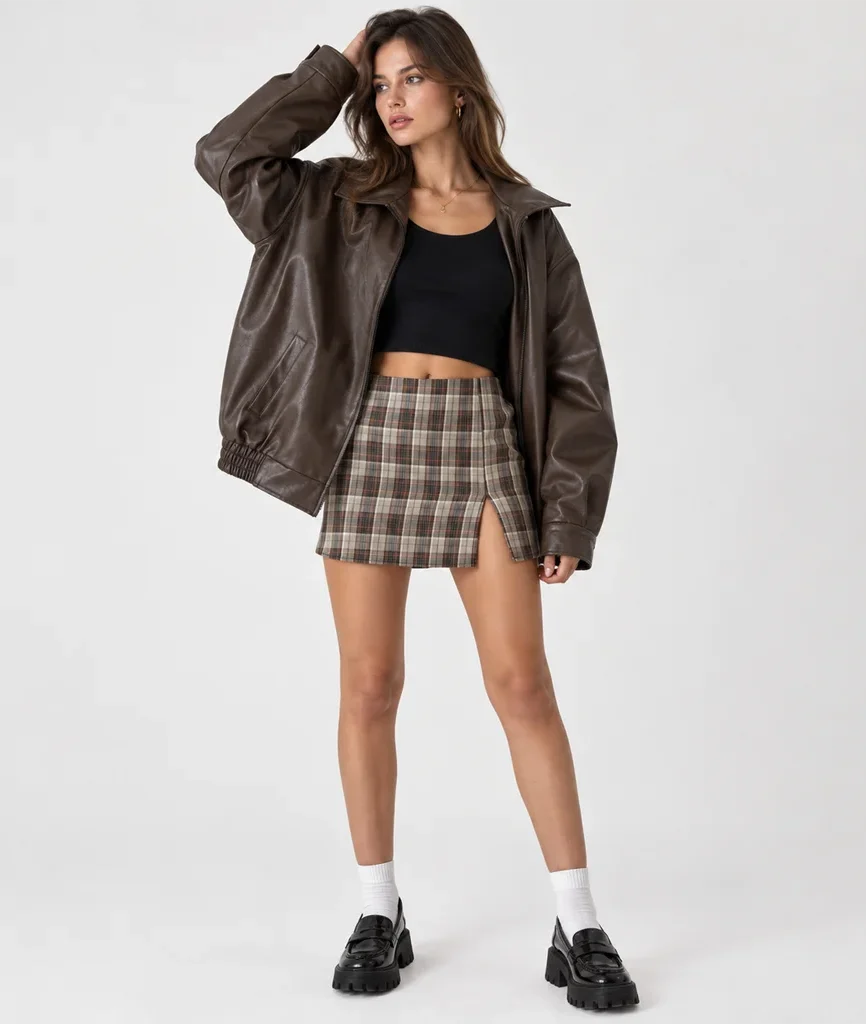 Women’s Oversized 90s-Style Leather Bomber Jacket