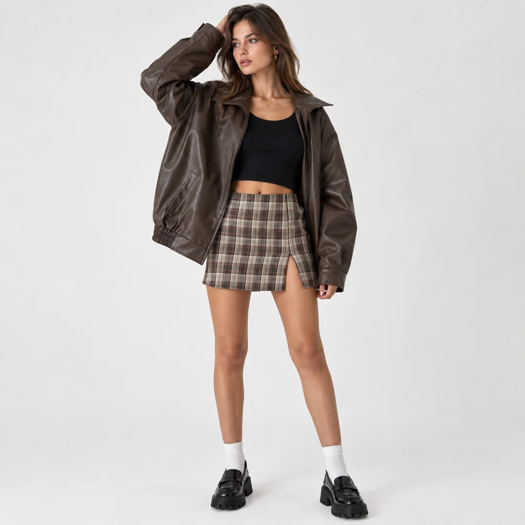 Women’s Oversized 90s-Style Leather Bomber Jacket