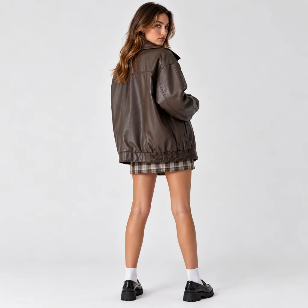 Women’s Oversized 90s-Style Leather Bomber Jacket