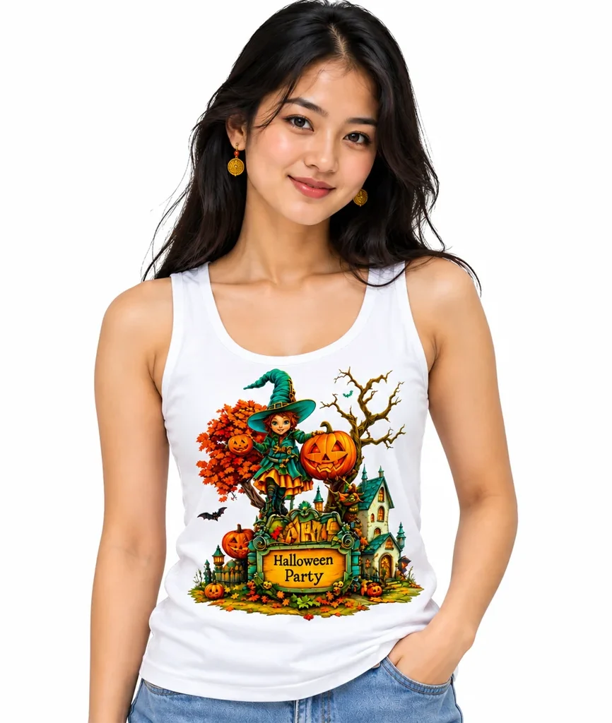 Little Witch Academia Halloween Party Witch and Pumpkin White Tank Top