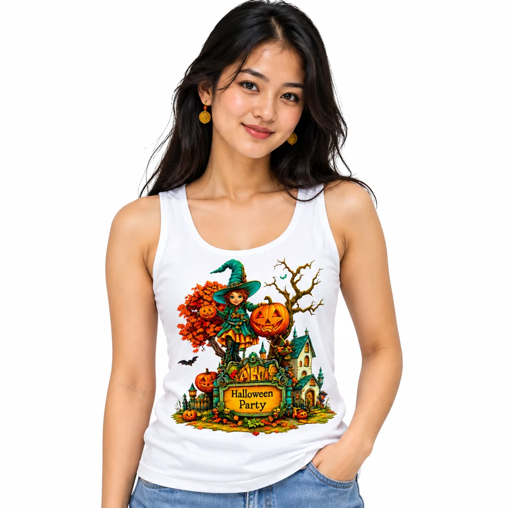 Little Witch Academia Halloween Party Witch and Pumpkin White Tank Top