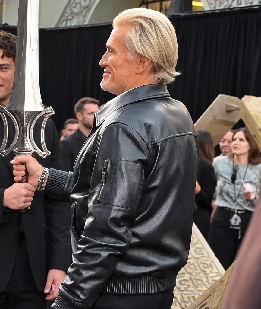 Masters of the Universe Premiere Dolph Lundgren Black Leather Jacket