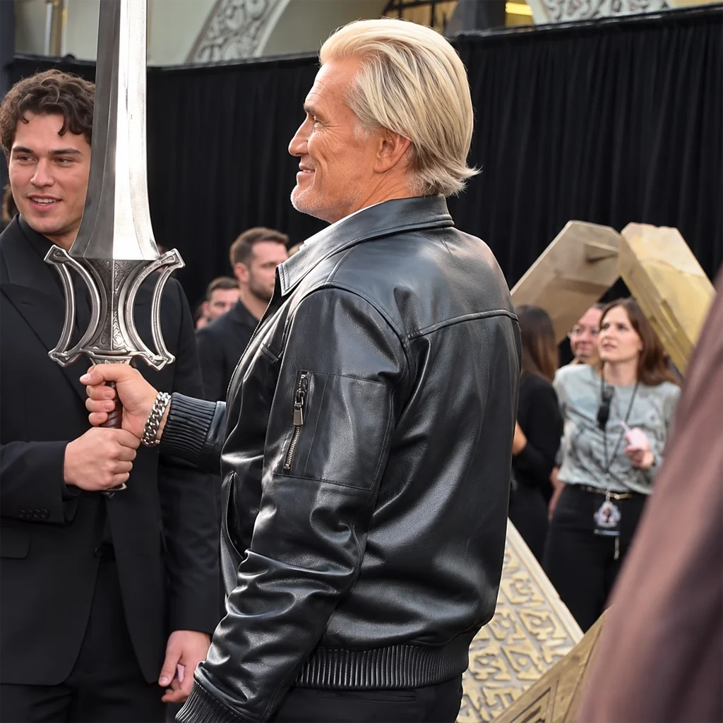 Masters of the Universe Premiere Dolph Lundgren Black Leather Jacket