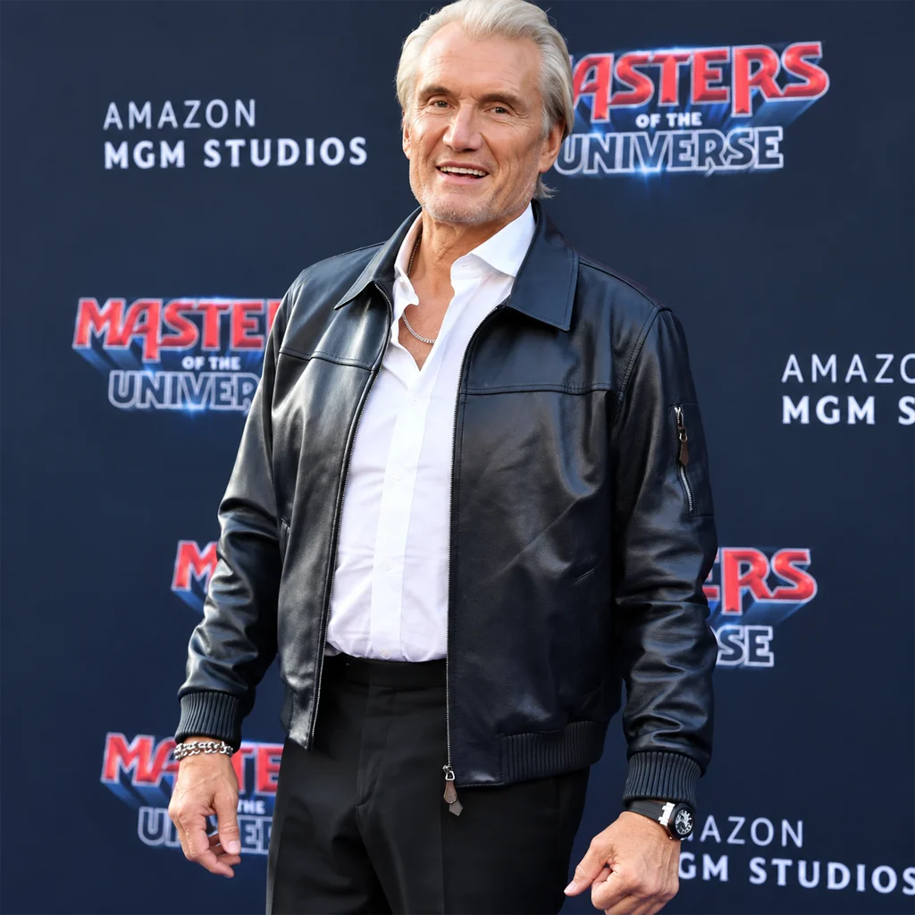 Masters of the Universe Premiere Dolph Lundgren Black Leather Jacket
