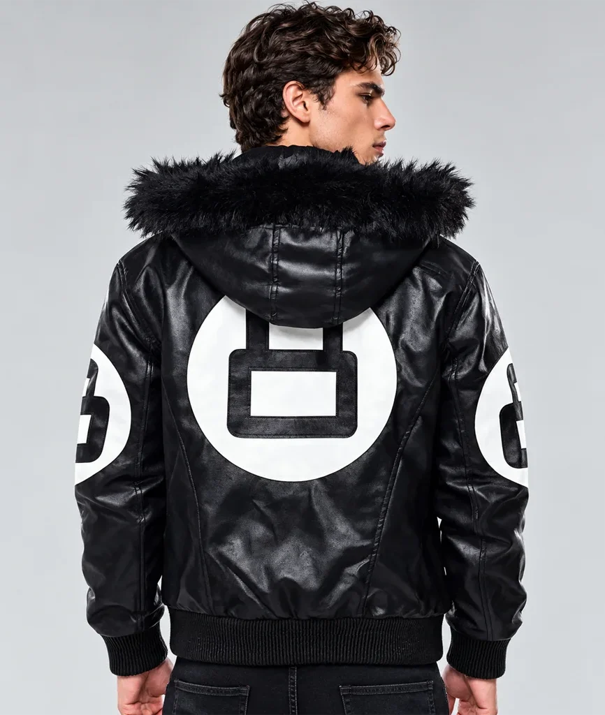 Men’s Black Hooded 8-Ball Bomber Jacket