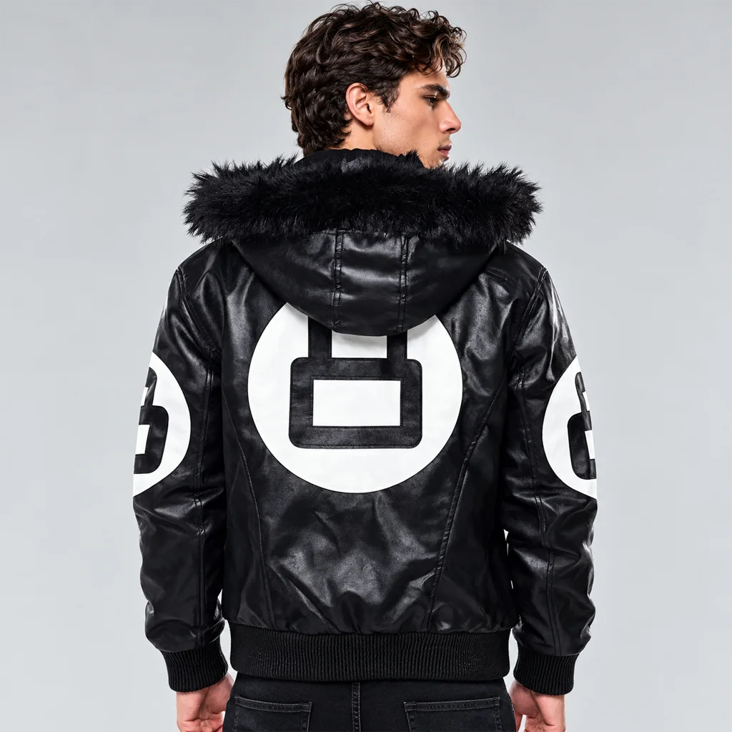 Men’s Black Hooded 8-Ball Bomber Jacket
