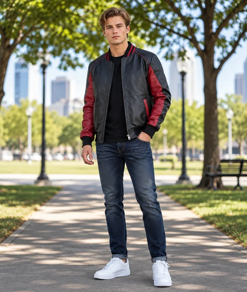 Men’s Black & Red Leather Varsity Bomber Jacket