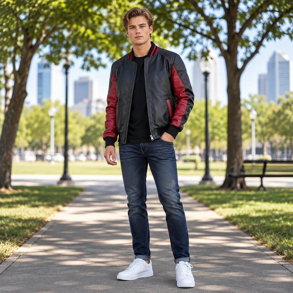 Men’s Black & Red Leather Varsity Bomber Jacket