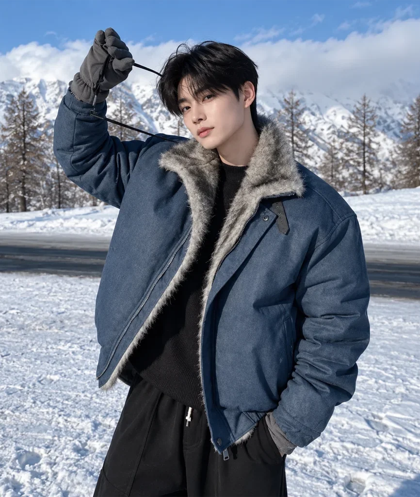 Men’s Slate Blue Fur-Lined Winter Bomber Jacket