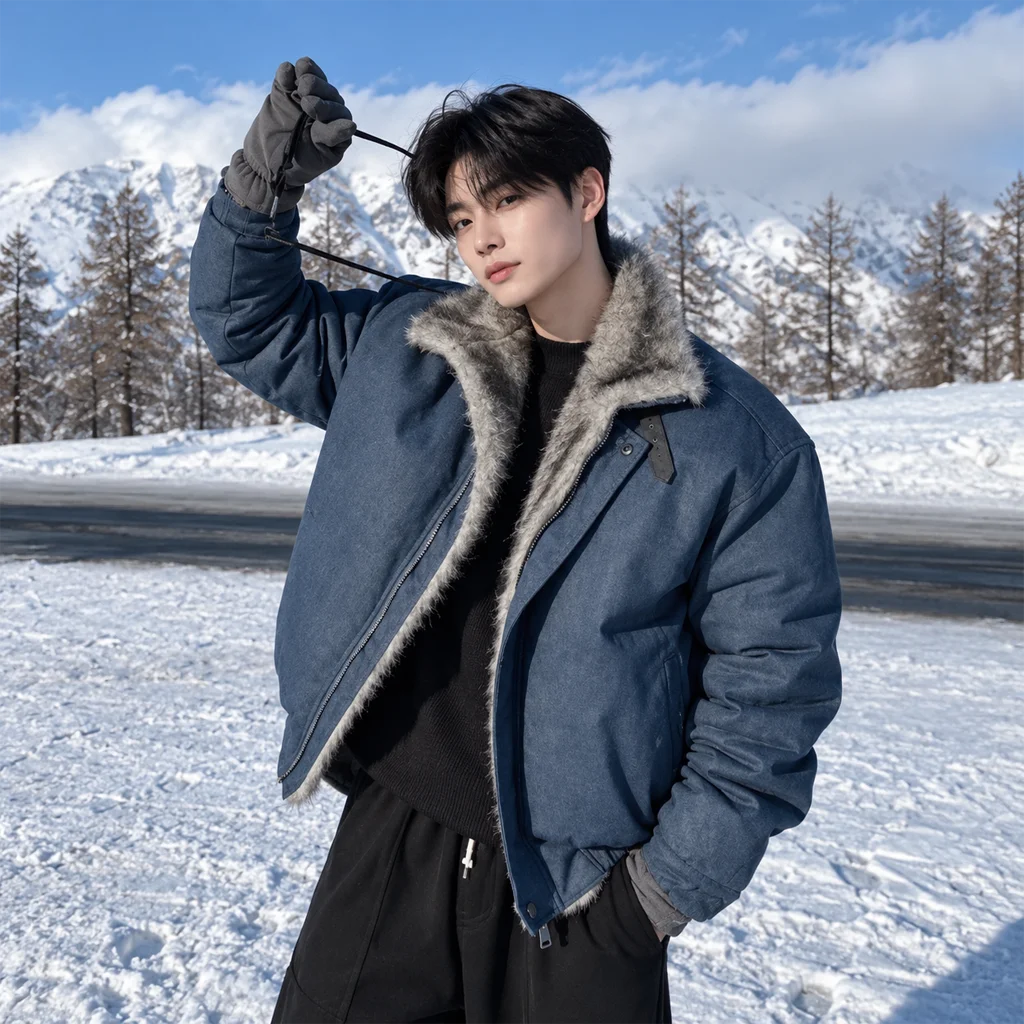 Men’s Slate Blue Fur-Lined Winter Bomber Jacket