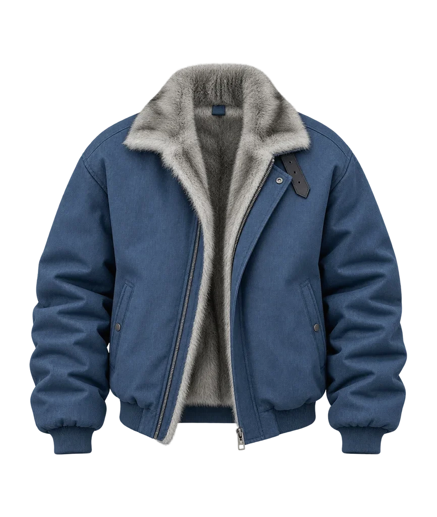 Men’s Slate Blue Fur-Lined Winter Bomber Jacket