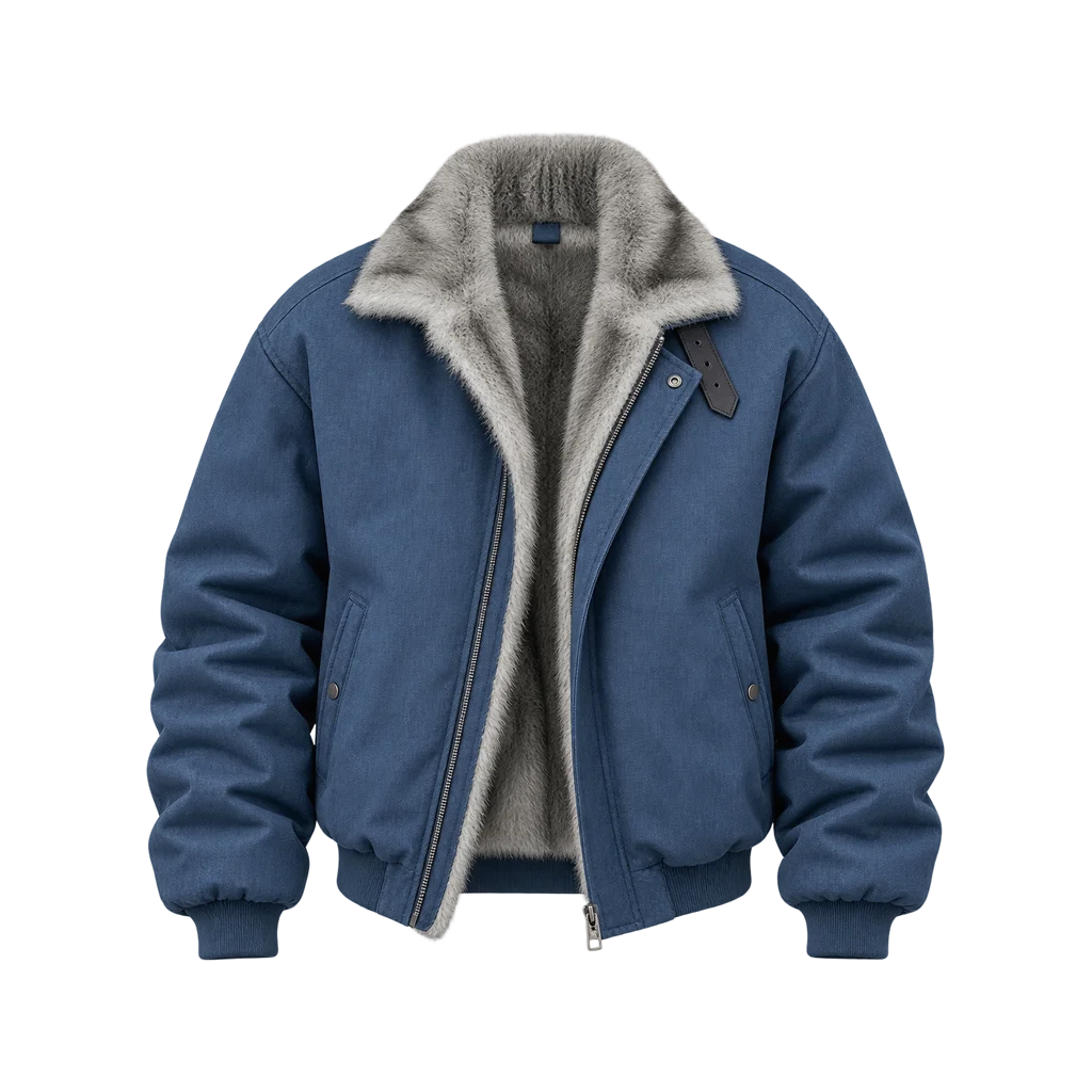Men’s Slate Blue Fur-Lined Winter Bomber Jacket