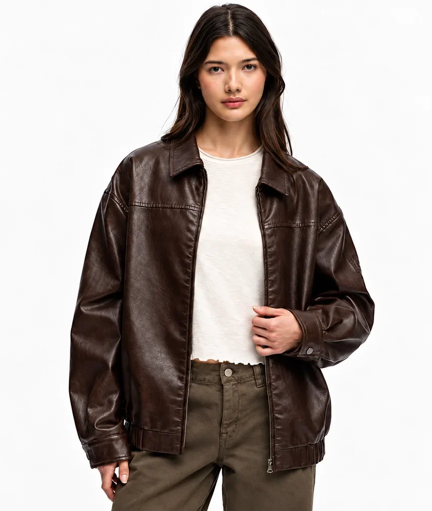 Women’s Oversized Dark Brown Leather Bomber Jacket