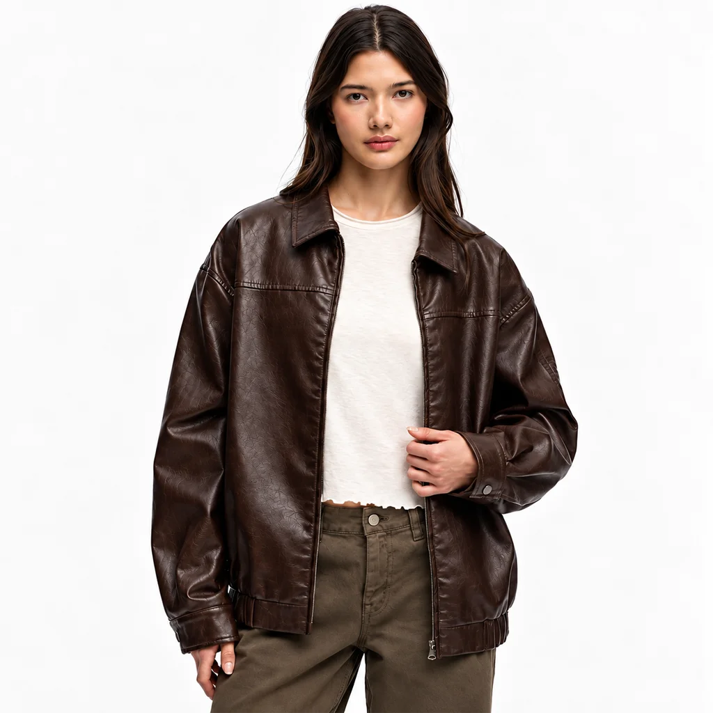 Women’s Oversized Dark Brown Leather Bomber Jacket
