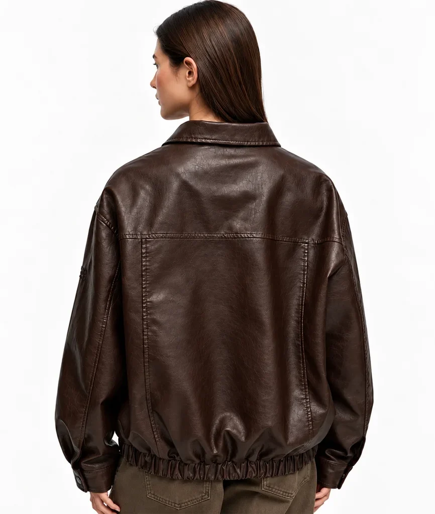 Women’s Oversized Dark Brown Leather Bomber Jacket