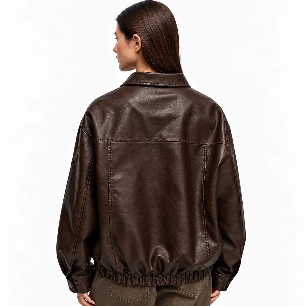 Women’s Oversized Dark Brown Leather Bomber Jacket