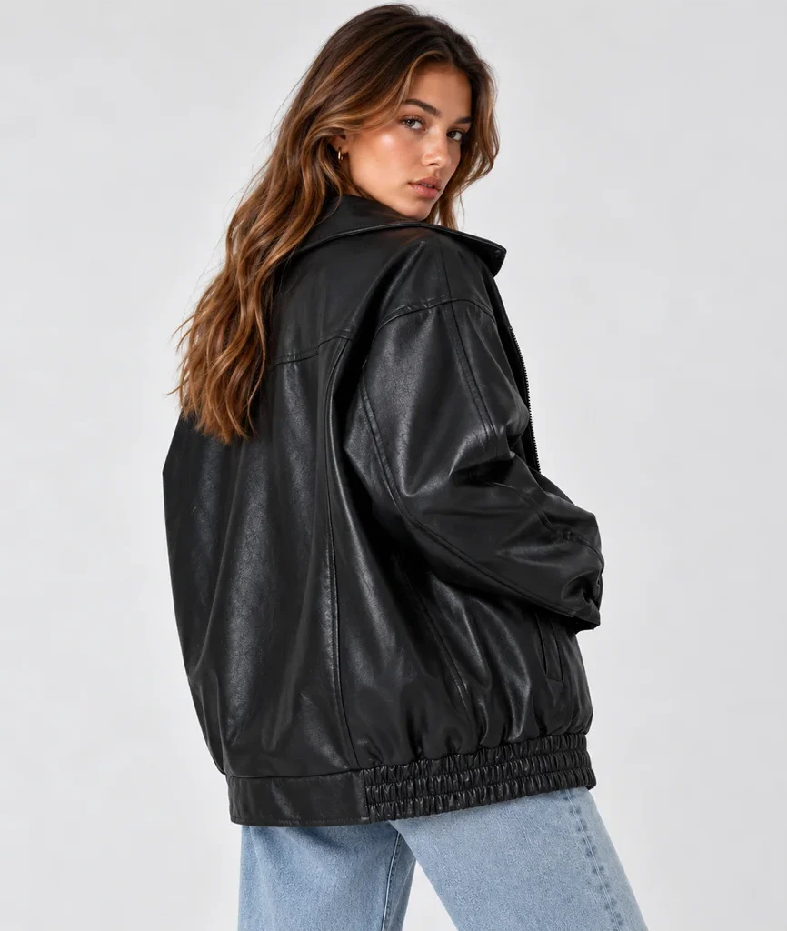 Women’s Oversized 90s-Style Leather Bomber Jacket