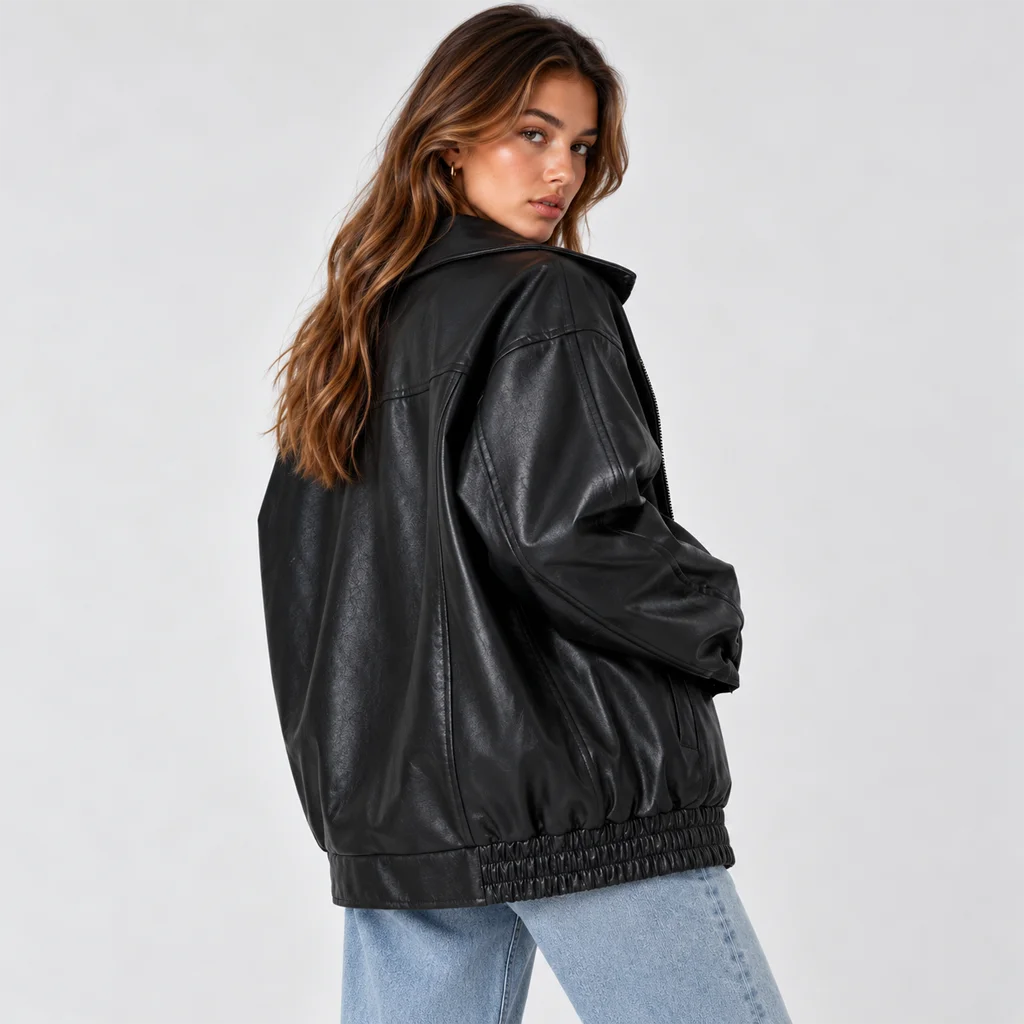 Women’s Oversized 90s-Style Leather Bomber Jacket