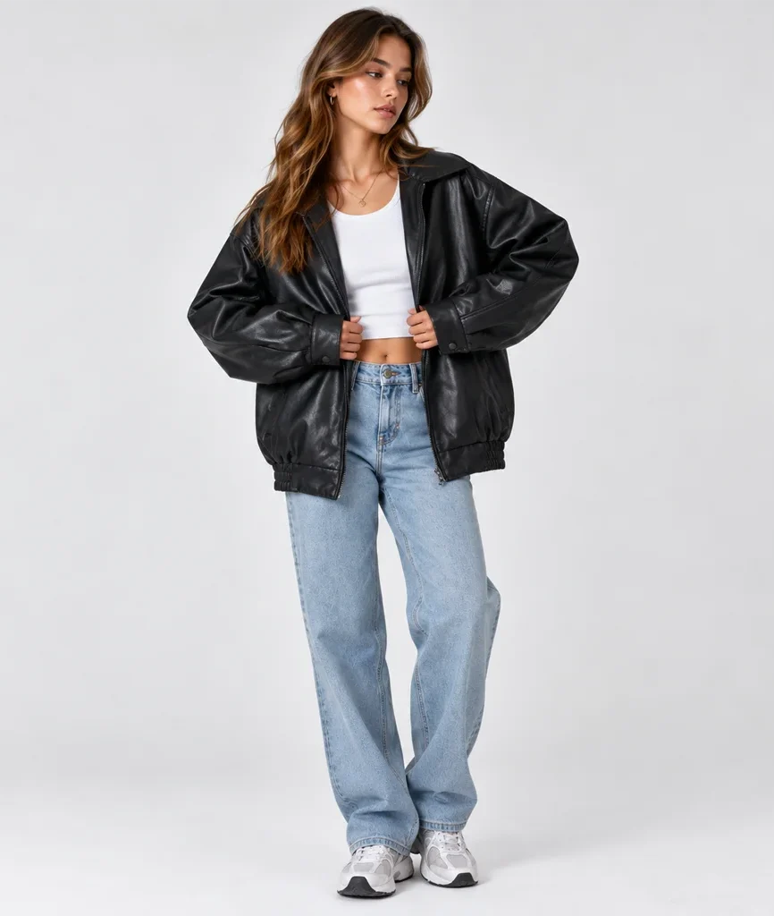 Women’s Oversized 90s-Style Leather Bomber Jacket