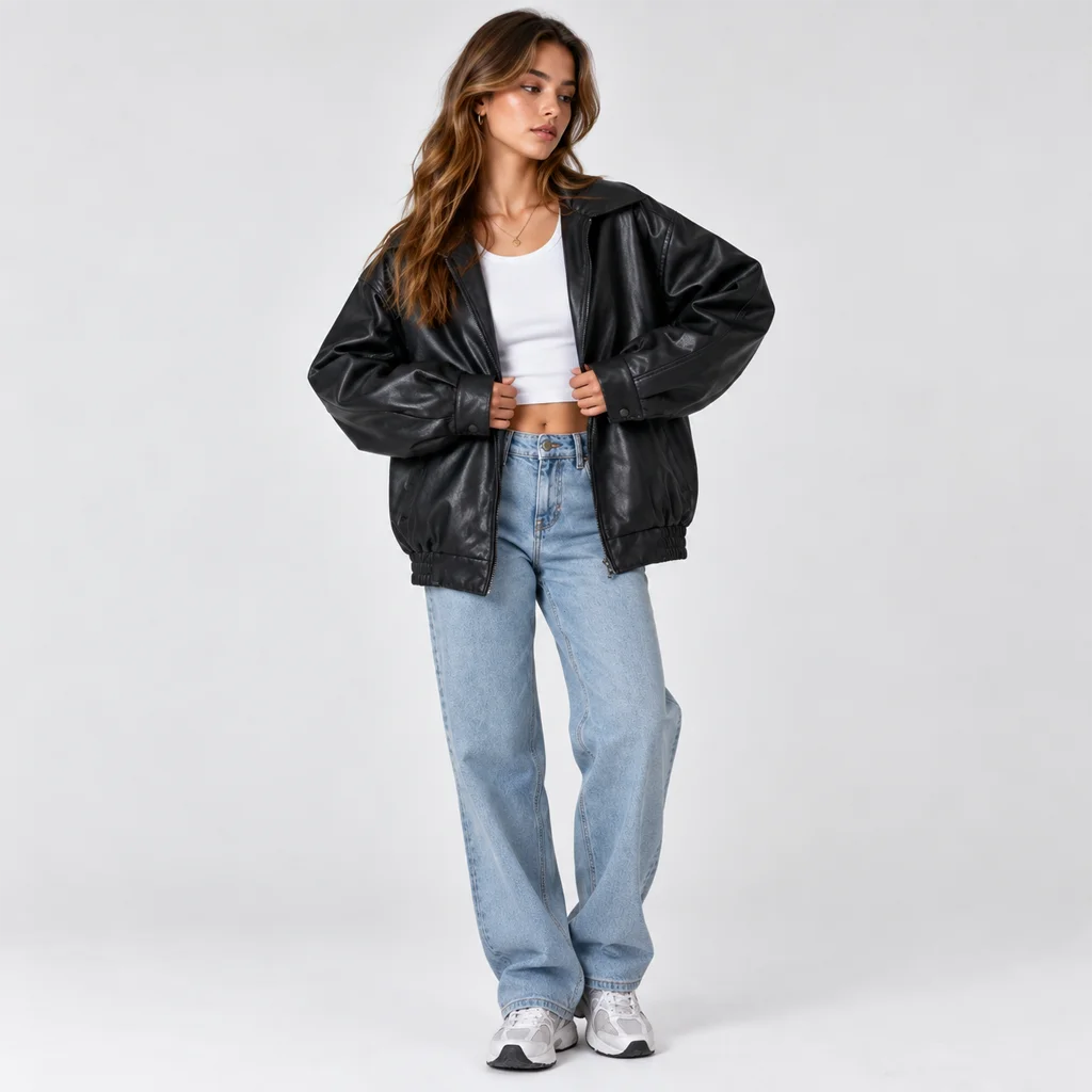 Women’s Oversized 90s-Style Leather Bomber Jacket