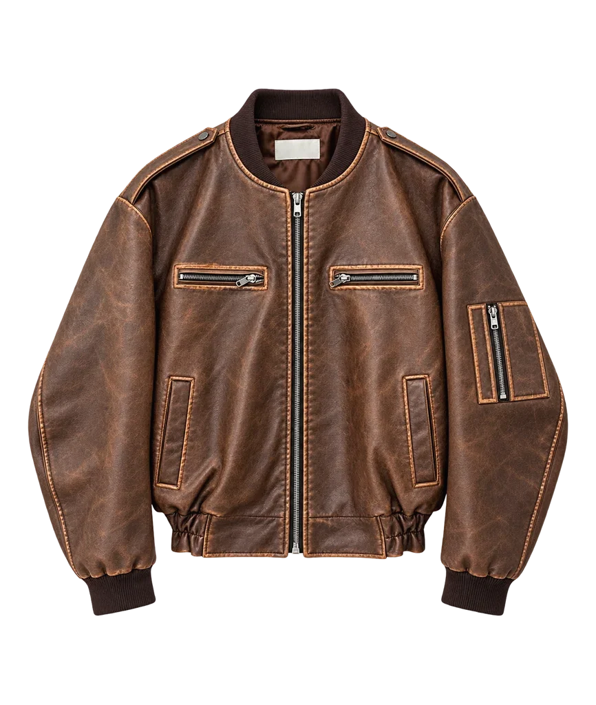 Oversized Women’s Distressed Brown Leather Bomber Jacket