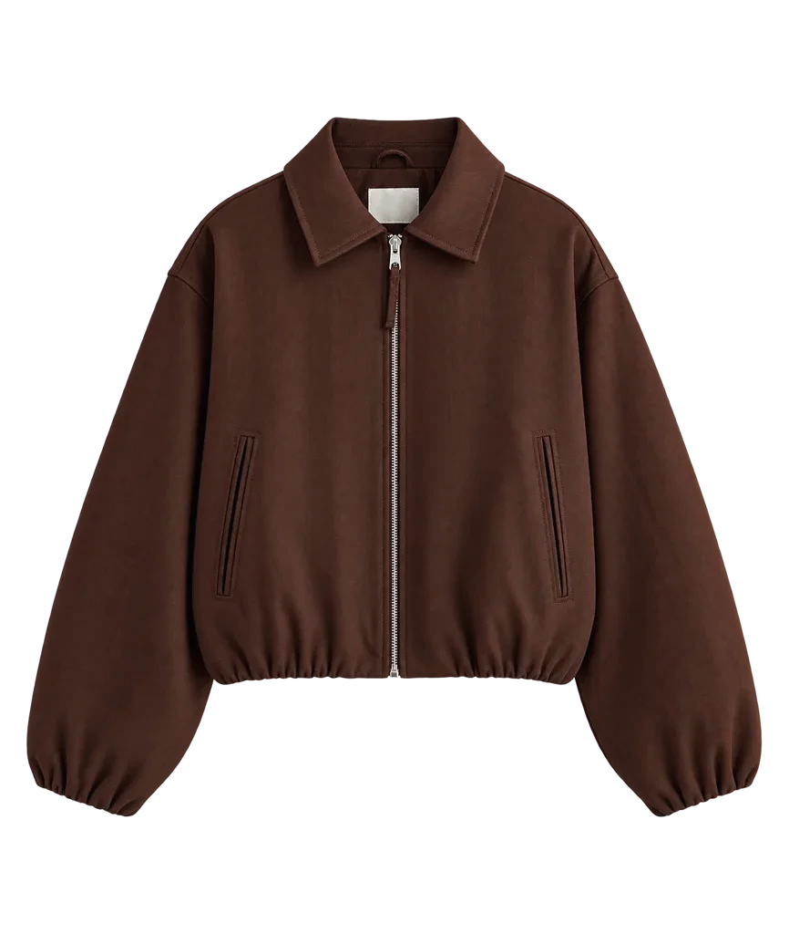 H&M Women’s Oversized Brown Bubble-Hem Bomber Jacket